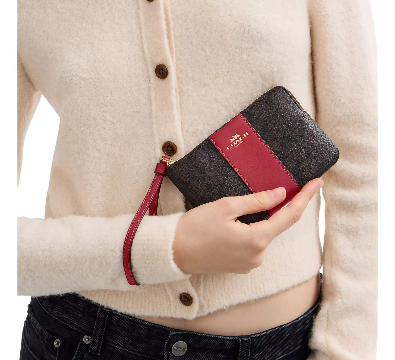 Monedero Coach Corner Zip Wristlet In Signature Canvas With Stripe Walnut True Red