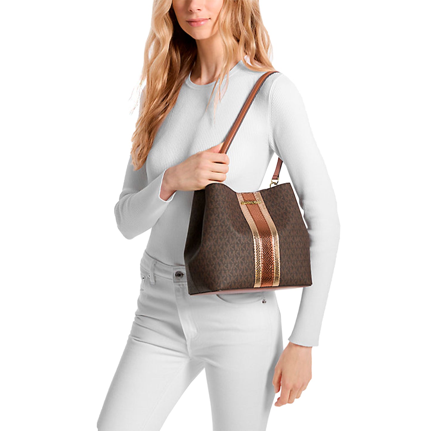 Bolsa Michael Kors Pratt Medium Signature Logo And Metallic Shoulder Bag Brown