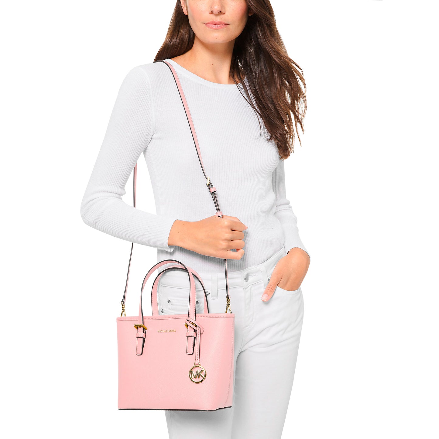 Bolsa Michael Kors Jet Set Travel Extra-Small Saffiano Leather Top-Zip Tote Bag Powder Blush