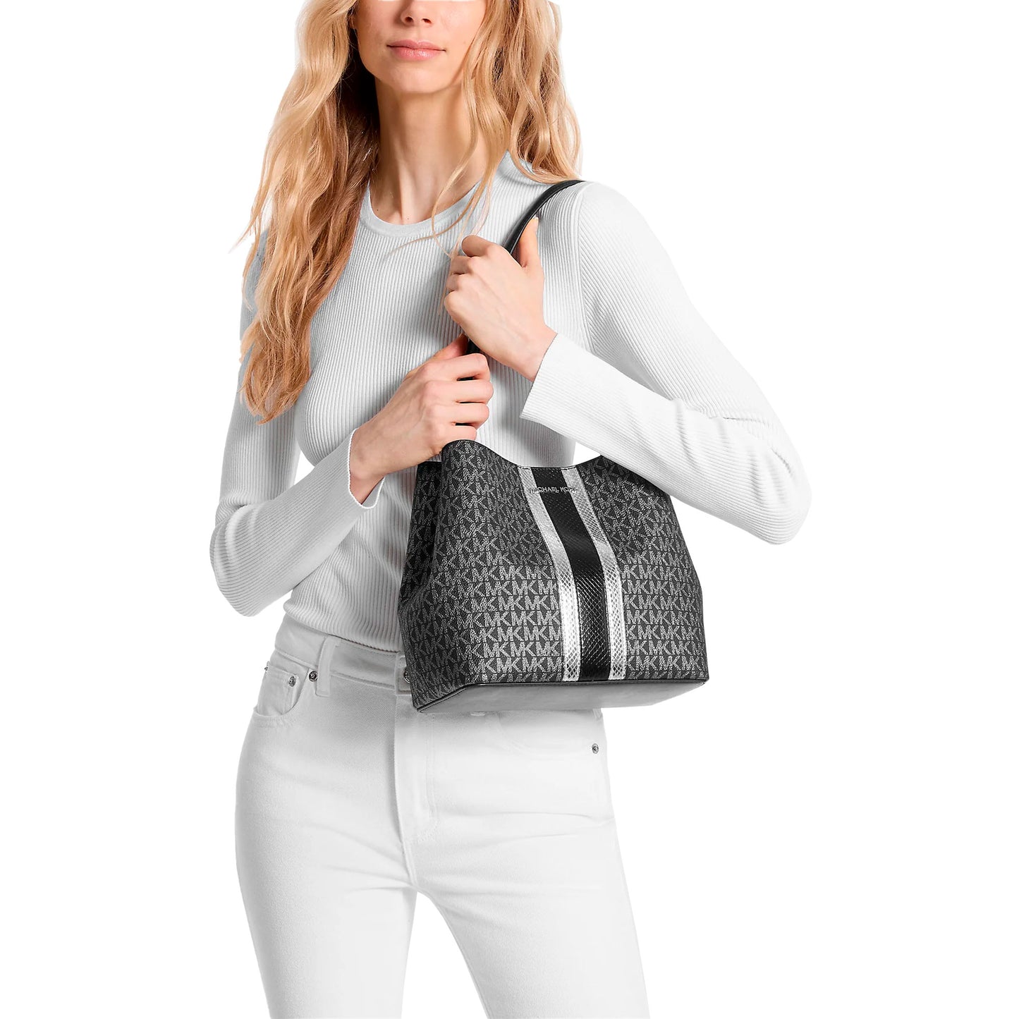 Bolsa Michael Kors Pratt Medium Signature Logo And Metallic Shoulder Bag Black