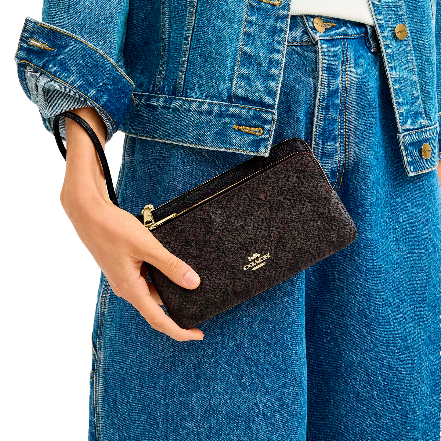 Cartera Coach Double Zip Wallet In Signature Canvas Brown Black