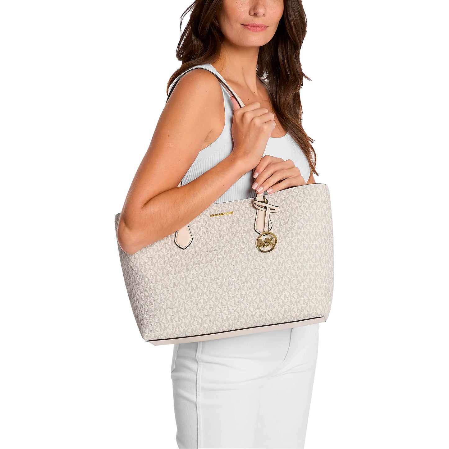 Bolsa Michael Kors Sheila Large Signature Logo Tote Bag Light Cream