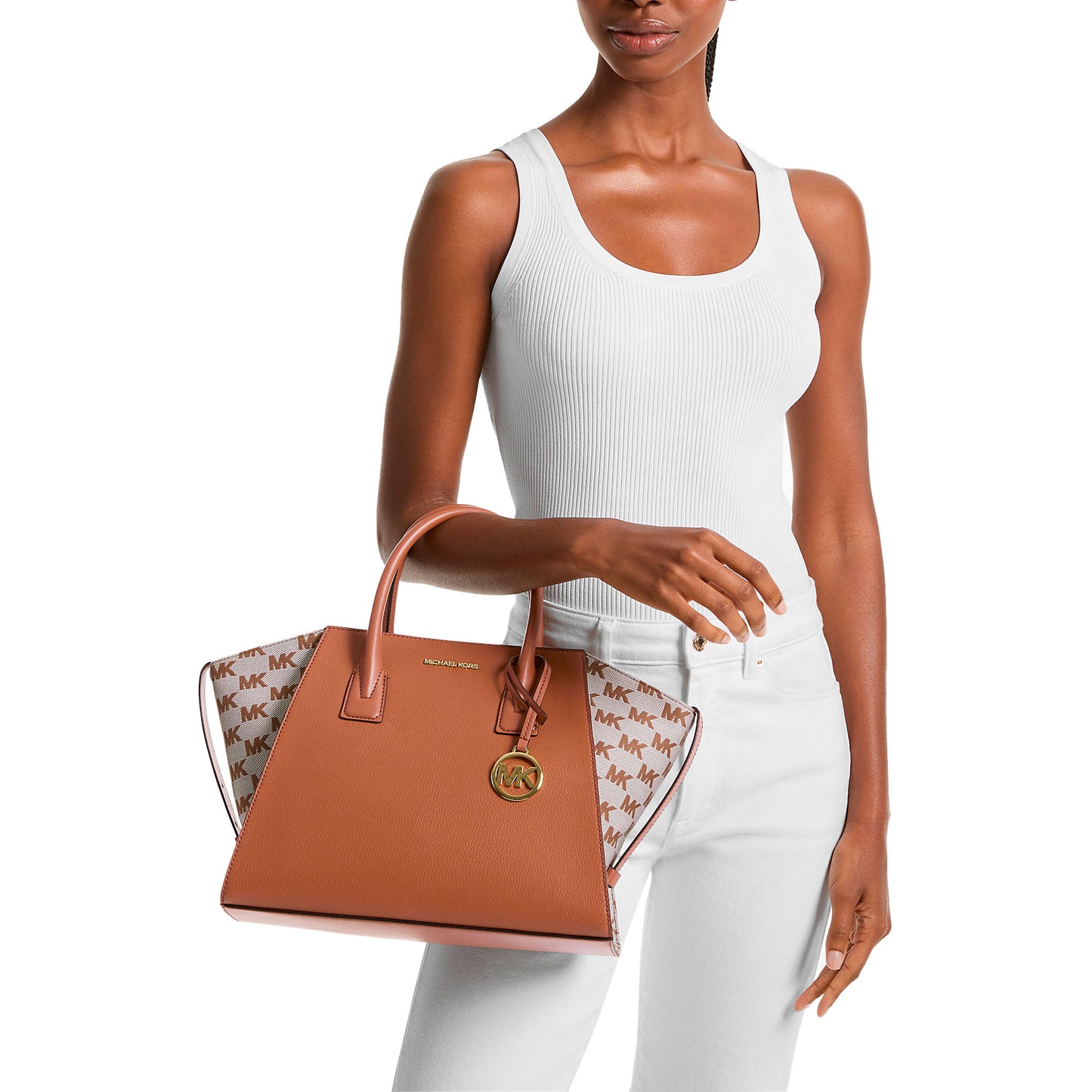 Bolsa Michael Kors Avril Large Leather and Logo Jacquard Satchel Luggage
