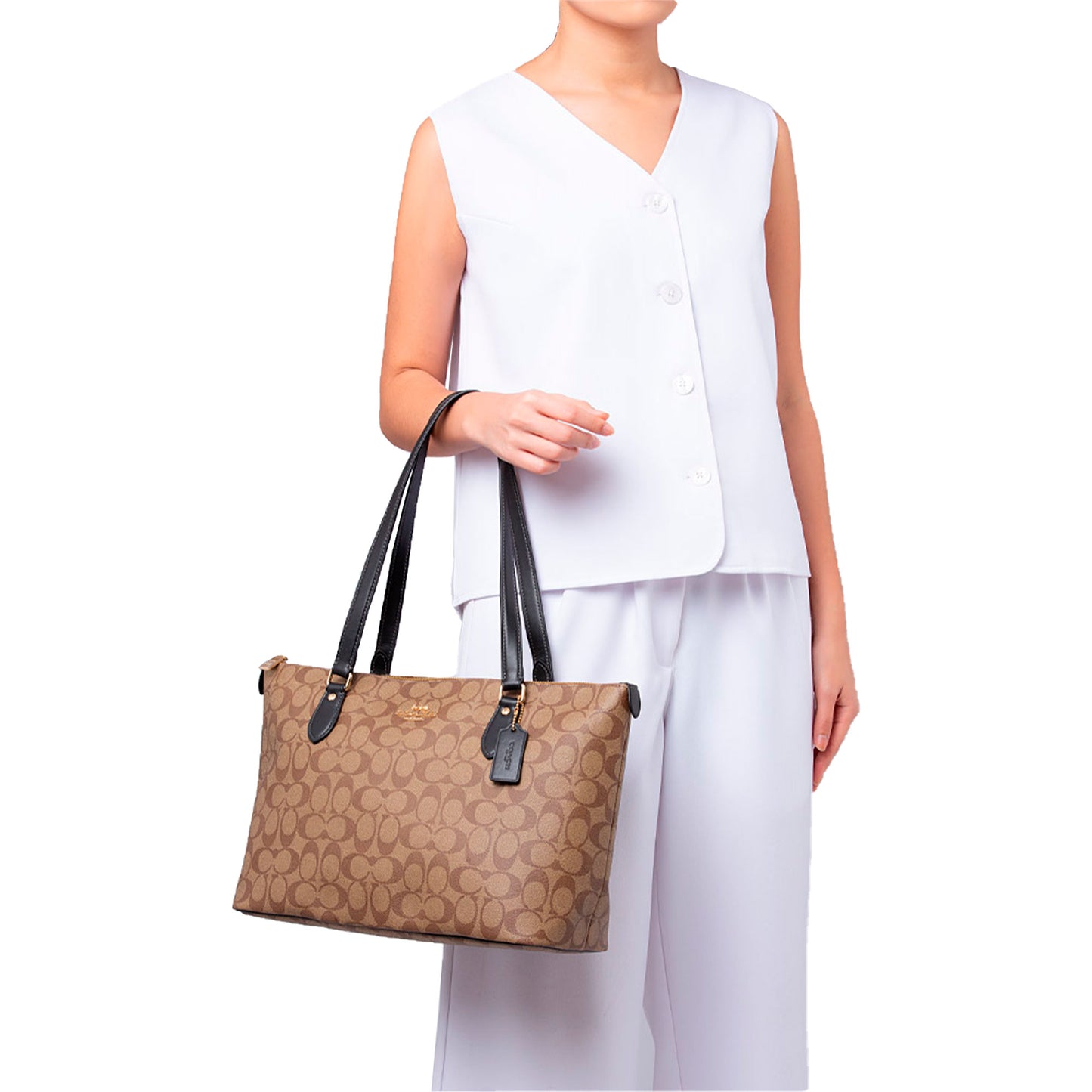 Bolsa Coach Gallery Tote In Signature Canvas Brown Black