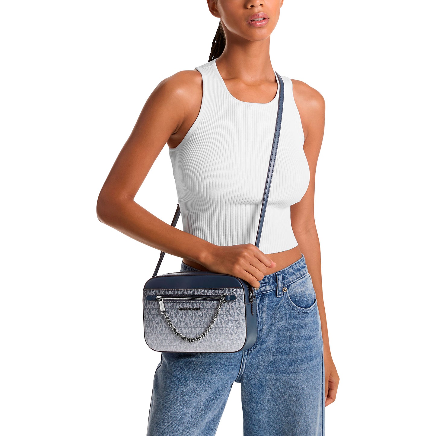 Bolsa Michael Kors Jet Set Large Ombré Signature Logo Crossbody Body Navy
