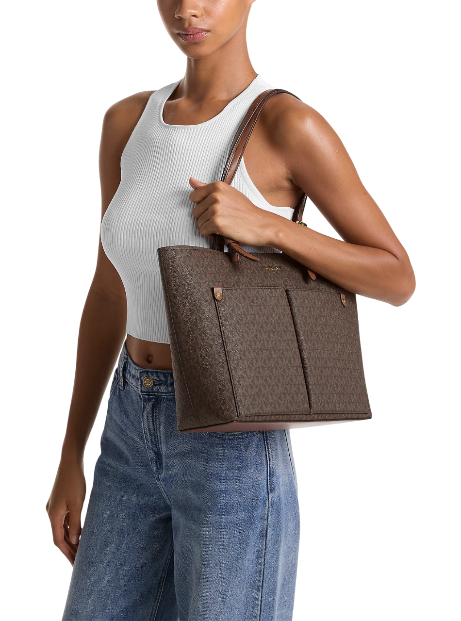 Bolsa Michael Kors Jet Set Medium Logo Pocket Tote Bag Brown