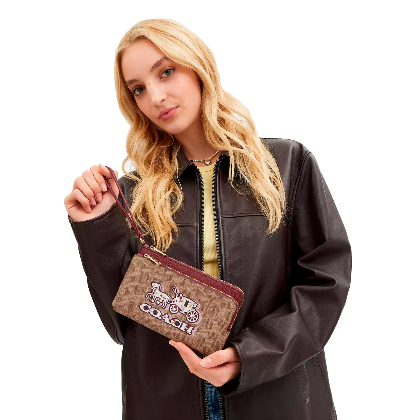 Cartera Coach Double Zip Wallet In Signature Canvas With Horse And Carriage Print Black Cherry