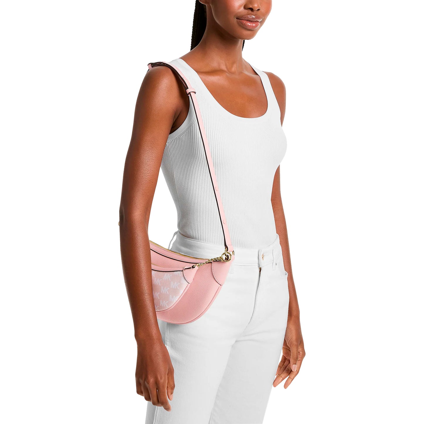 Bolsa Michael Kors Hollis Medium 2-in-1 Grain Leather and Jacquard Logo Shoulder Bag Powder Blush