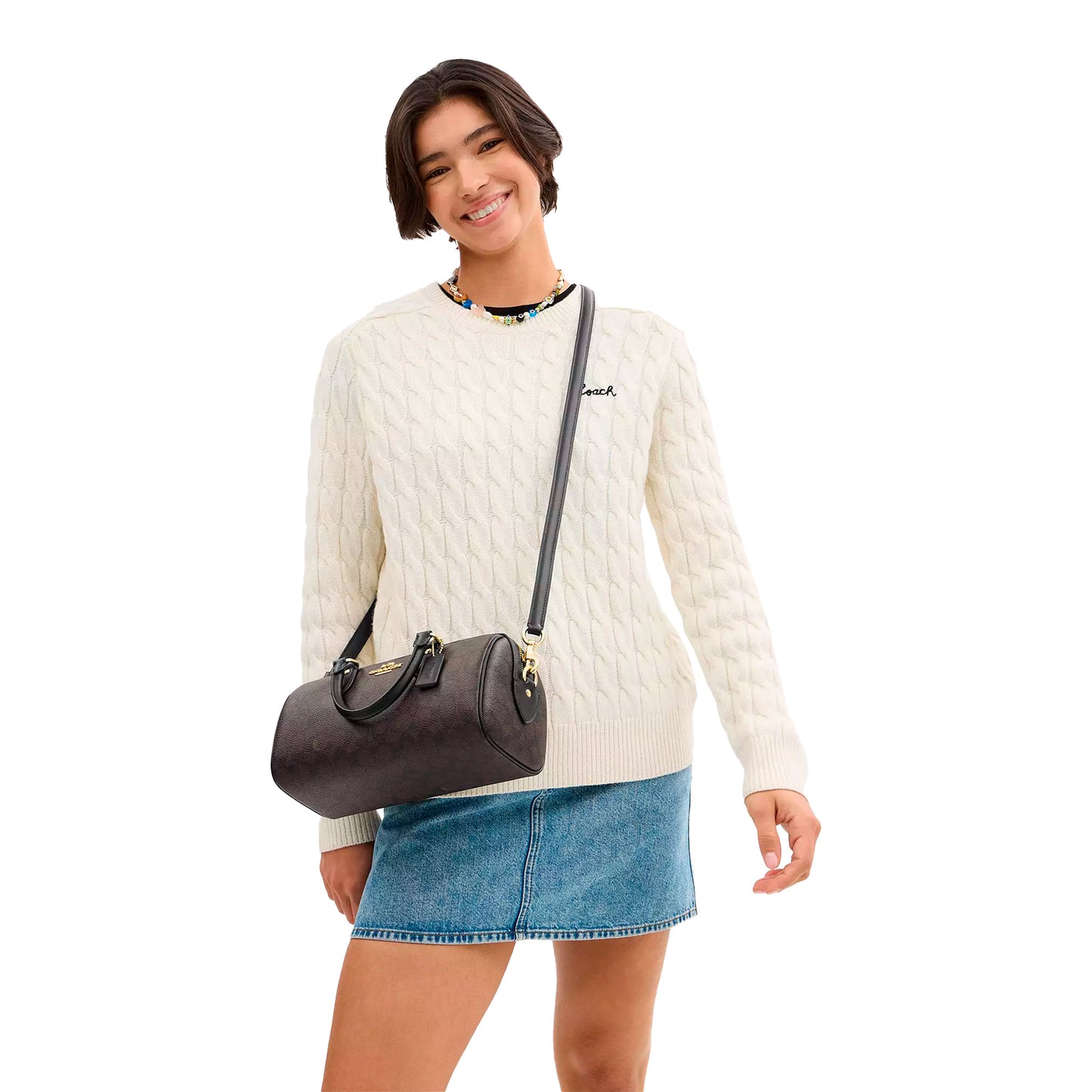 Rowan Long Satchel Bag In Signature Canvas Walnut Black
