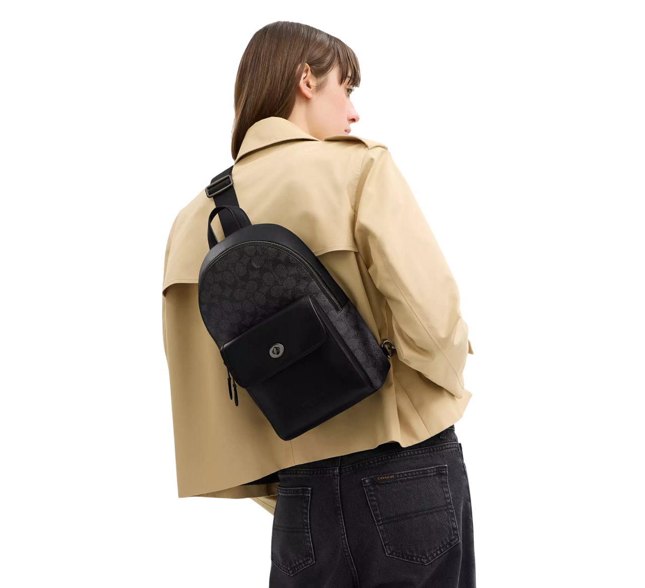 Bandolera Coach Turnlock Sling Pack In Signature Canvas Charcoal Black