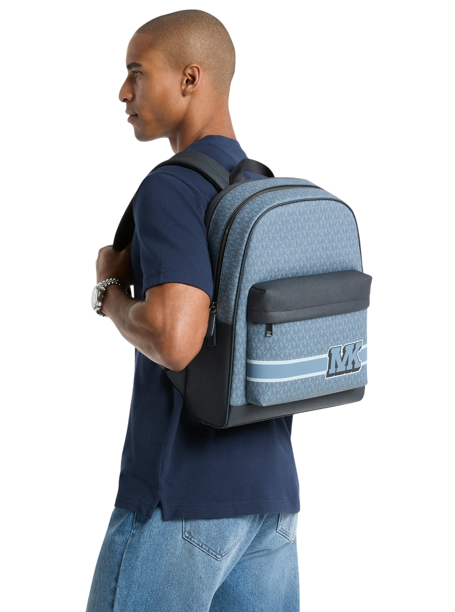 Mochila Michael Kors Pacey Embellished Striped Signature Logo Backpack Denim