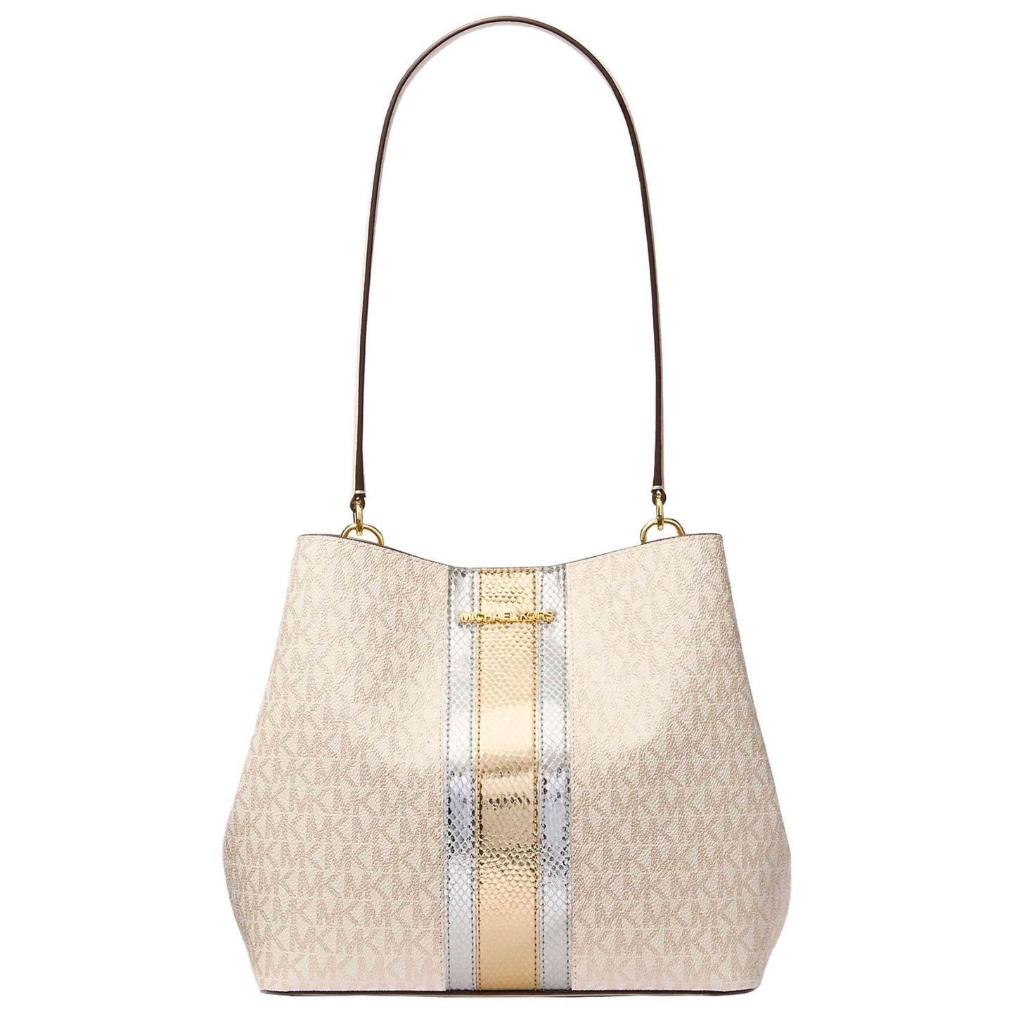 Bolsa Michael Kors Pratt Medium Signature Logo And Metallic Shoulder Bag Pale Gold