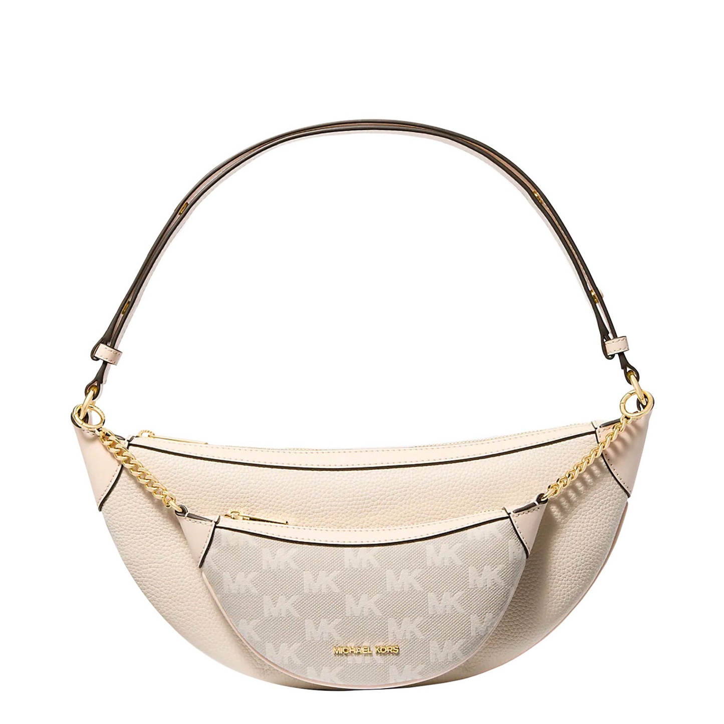 Bolsa Michael Kors Hollis Medium 2-in-1 Grain Leather and Jacquard Logo Shoulder Bag Light Cream