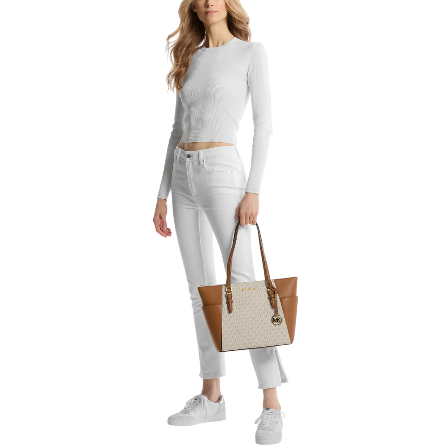 Bolsa Michael Kors Charlotte Large Logo and Leather Top-Zip Tote Bag