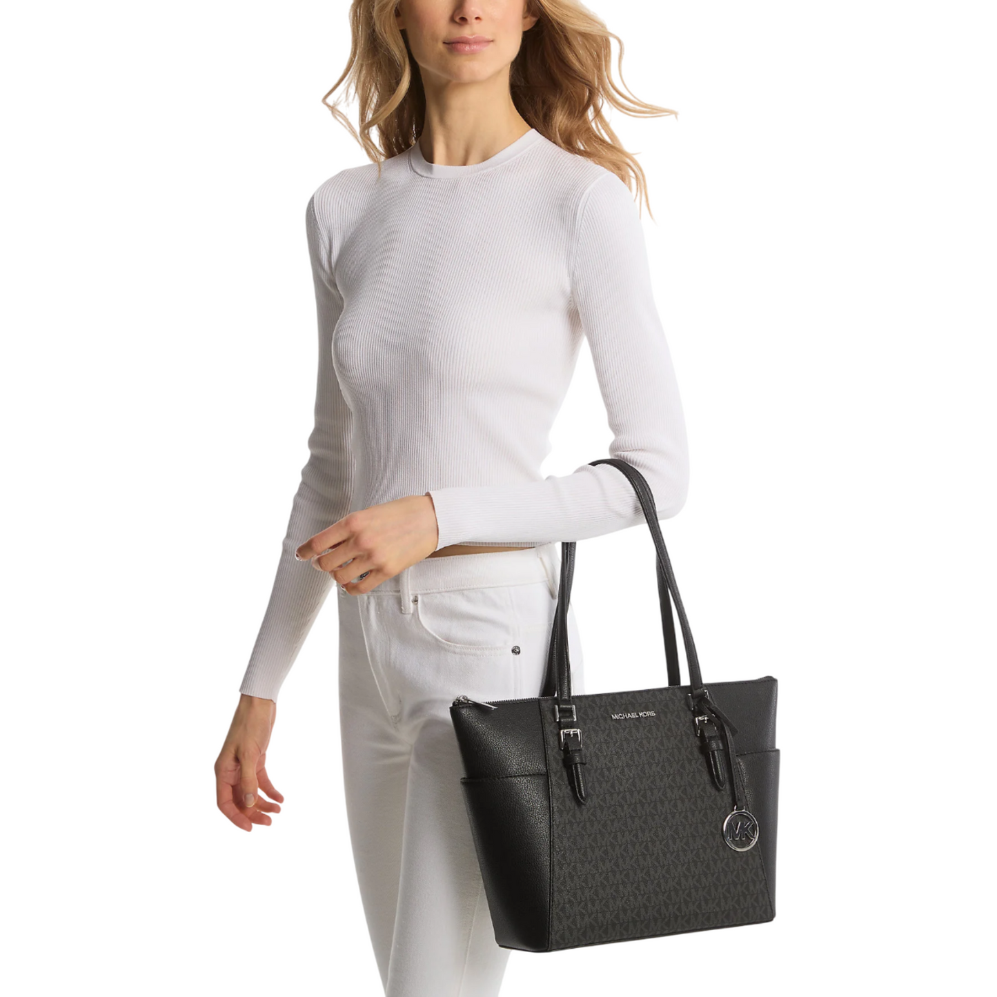 Bolsa Michael Kors Charlotte Large Logo and Leather Top-Zip Tote Bag Black