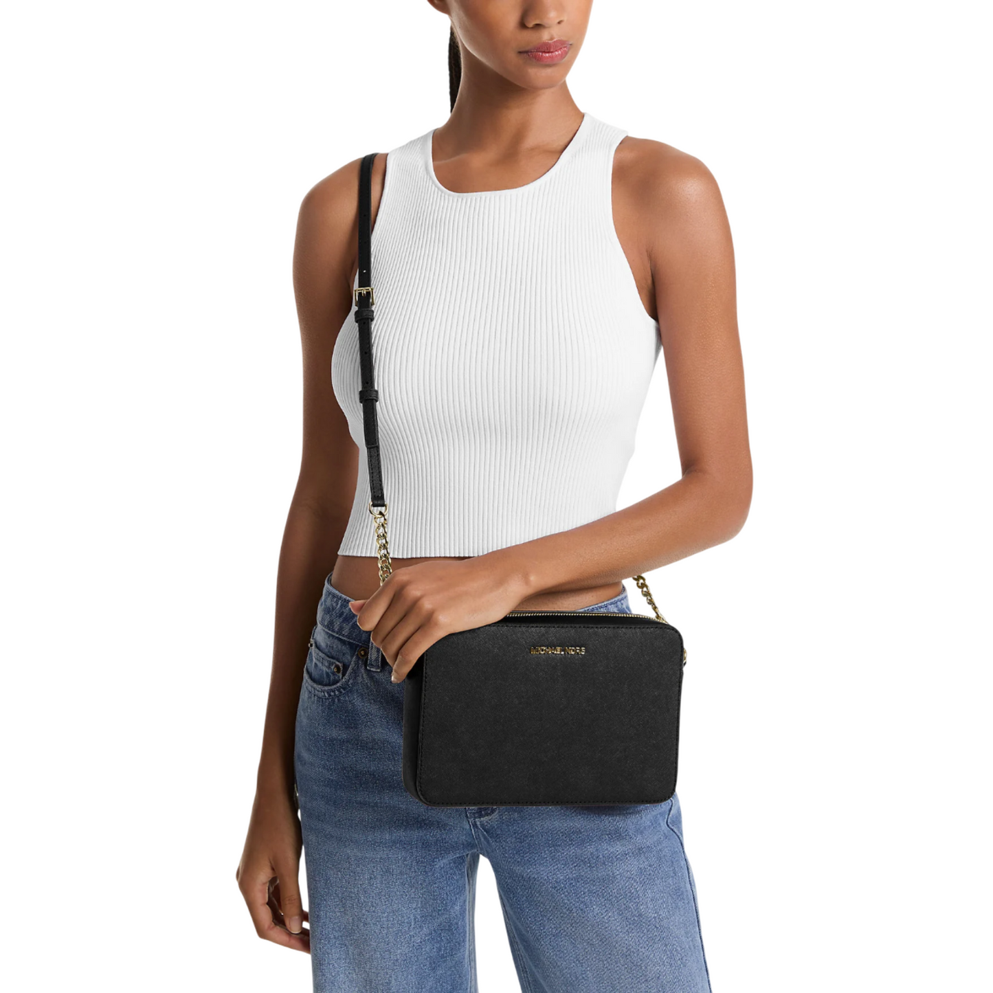 Bolsa Michael Kors Jet Set Large Saffiano Leather Crossbody Bag Black