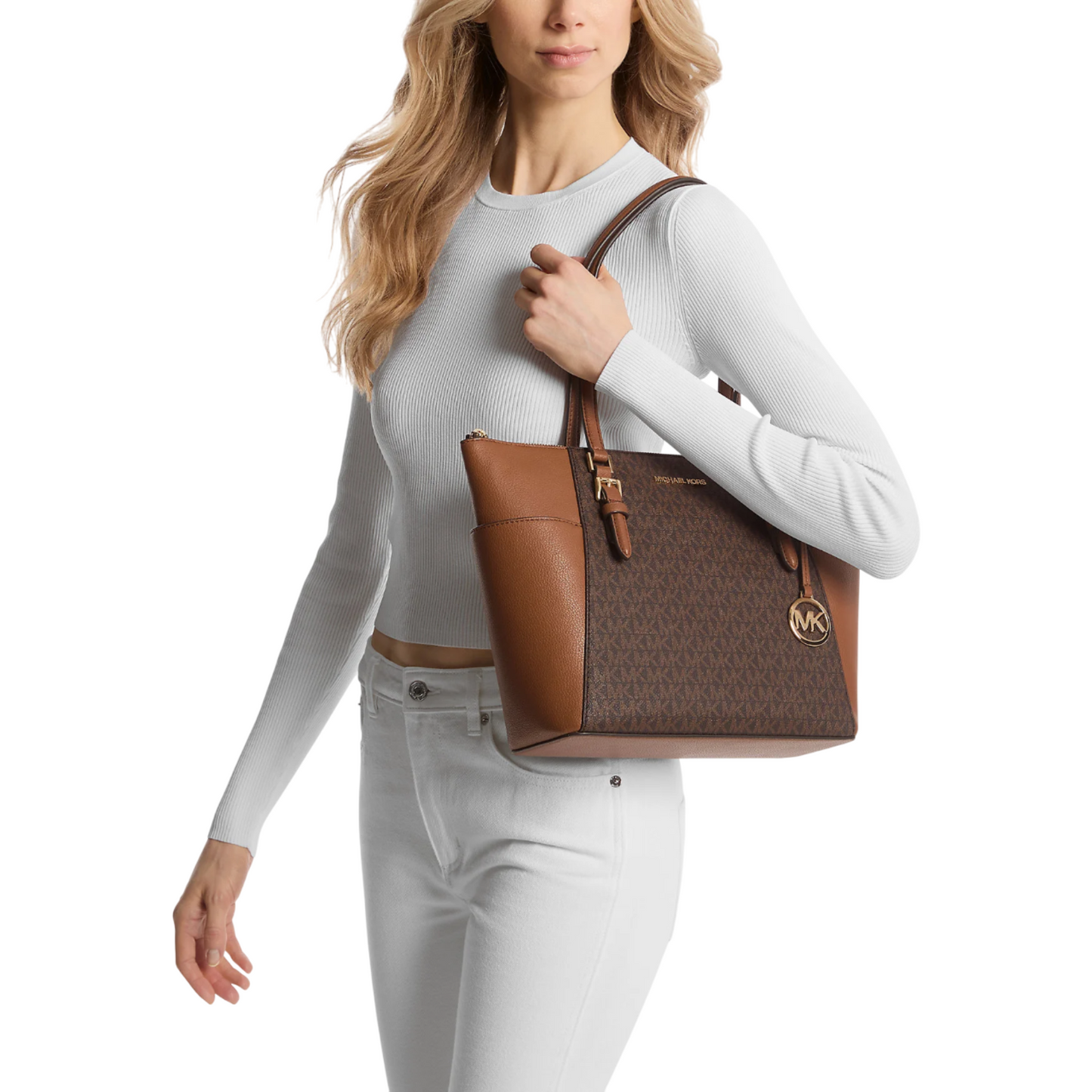 Bolsa Michael Kors Charlotte Large Logo and Leather Top-Zip Tote Bag Brown