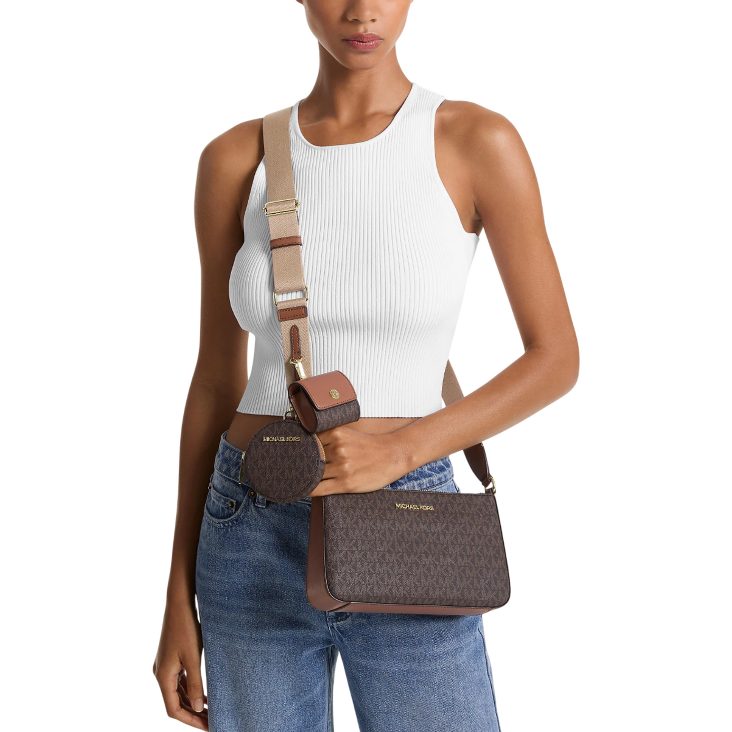 Bolsa Michael Kors Jet Set Logo Crossbody Bag with Case for Apple Airpods Pro Brown