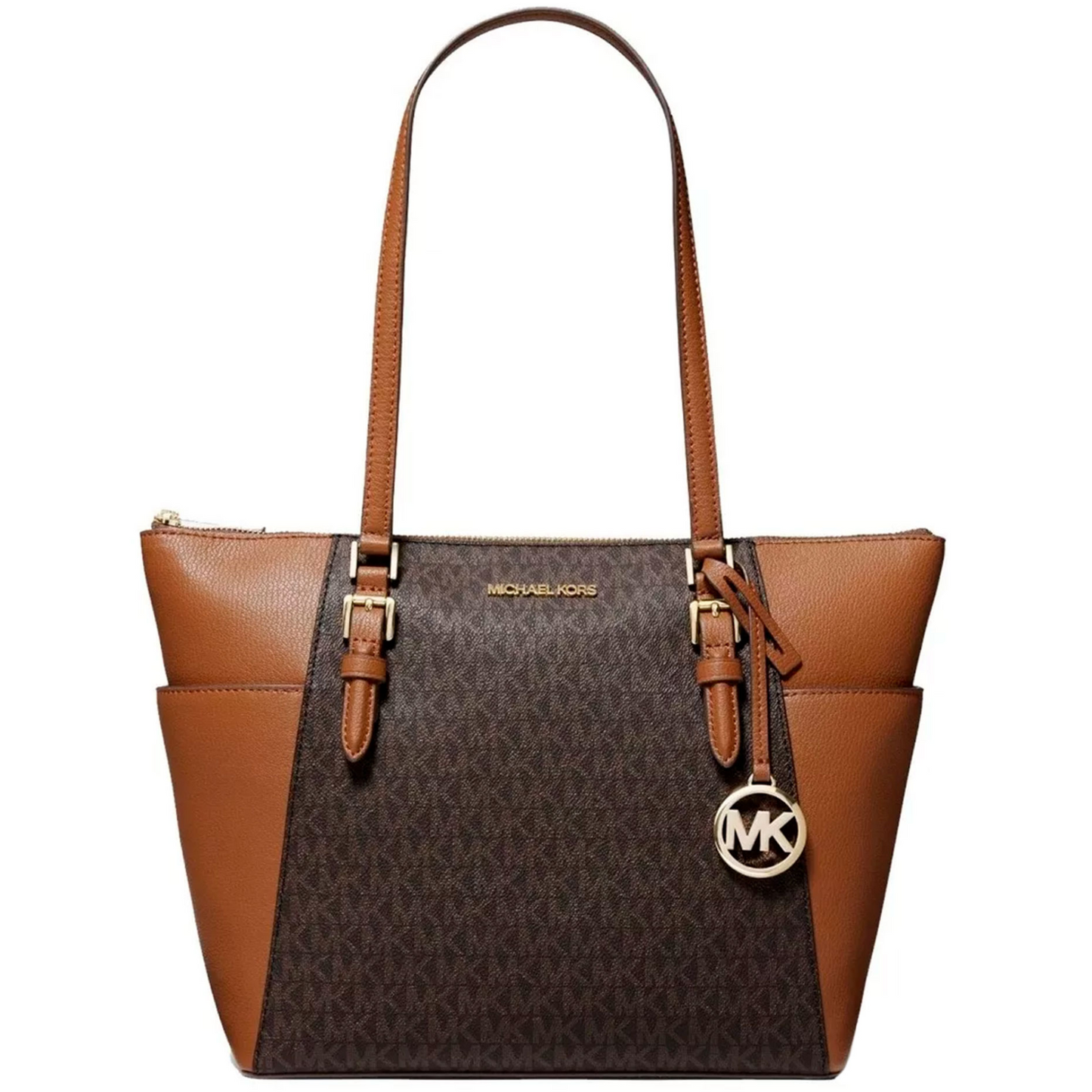 Bolsa Michael Kors Charlotte Large Logo and Leather Top-Zip Tote Bag Brown