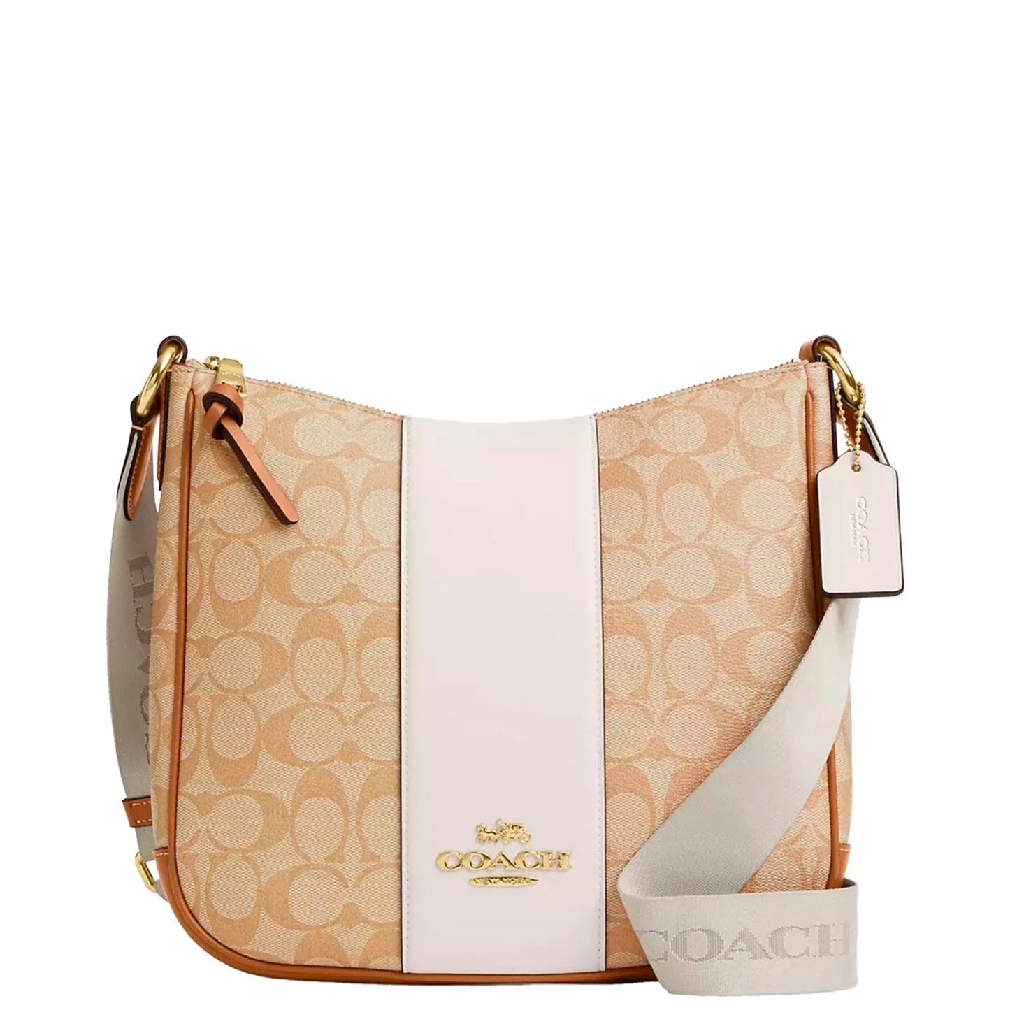 Bolsa Coach Ellie File Bag In Signature Canvas With Stripe Light Khaki Chalk Saddle