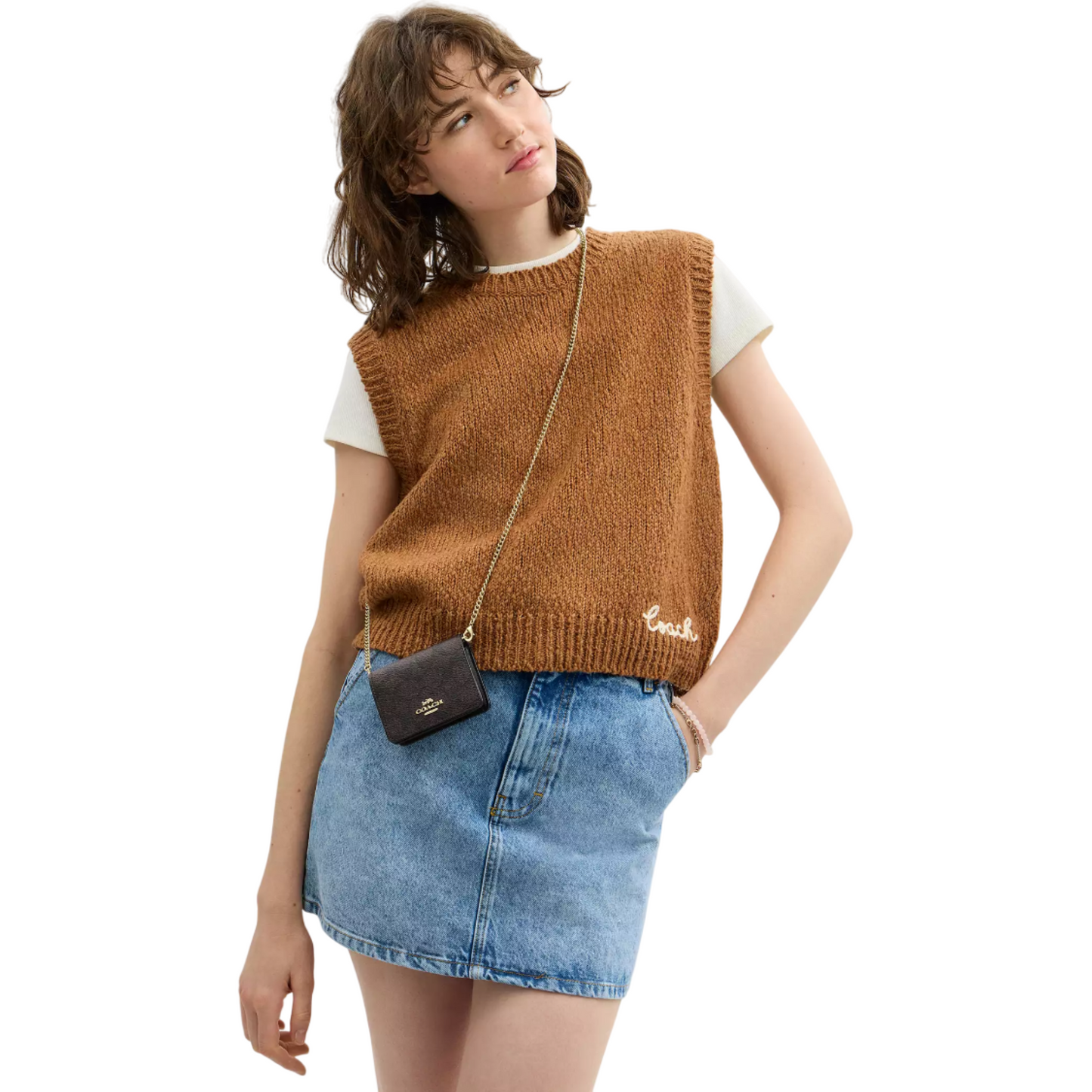 Cartera Coach Mini Wallet On A Chain In Signature Canvas Walnut Black