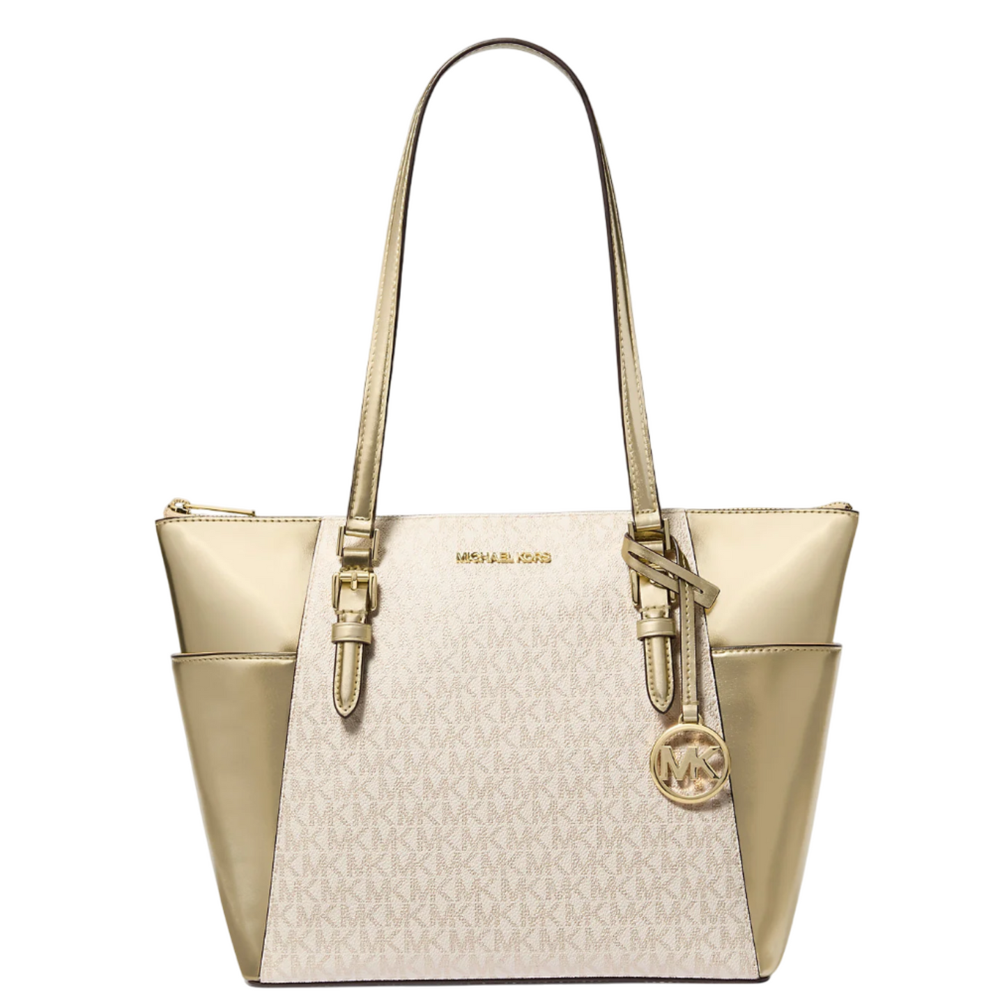 Bolsa Michael Kors Charlotte Large Logo and Metallic Top-Zip Tote Bag Pale Gold