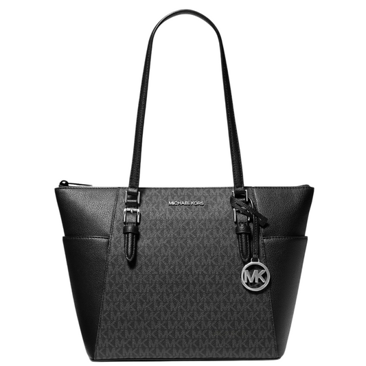 Bolsa Michael Kors Charlotte Large Logo and Leather Top-Zip Tote Bag Black
