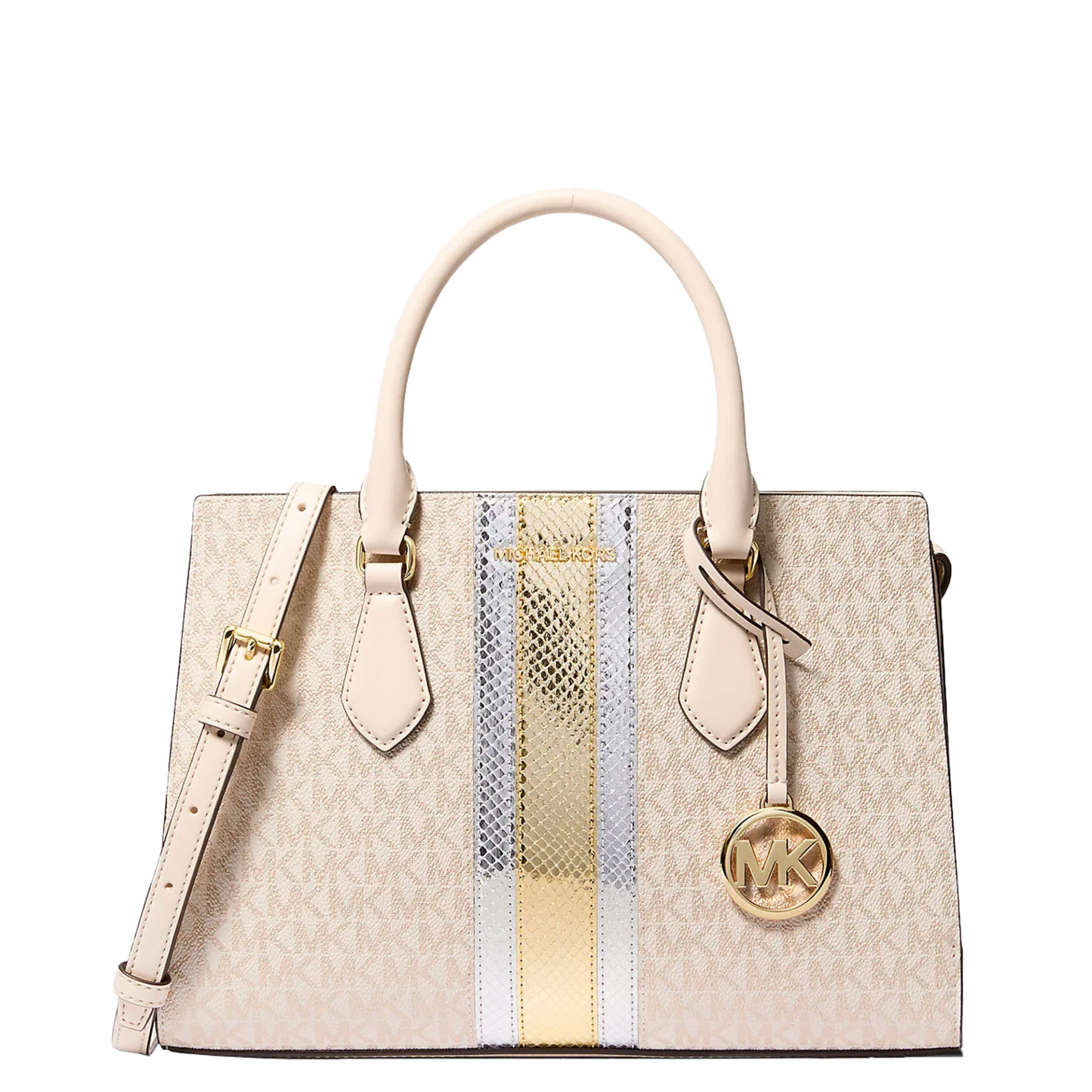 Bolsa Michael Kors Sheila Medium Signature Logo And Metallic Satchel Pale Gold