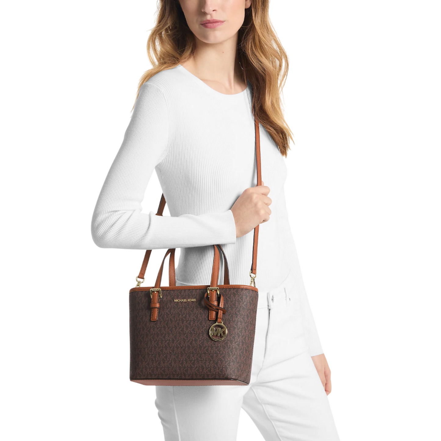 Bolsa Michael Kors Jet Set Travel Extra-Small Logo Top-Zip Tote Bag Brown
