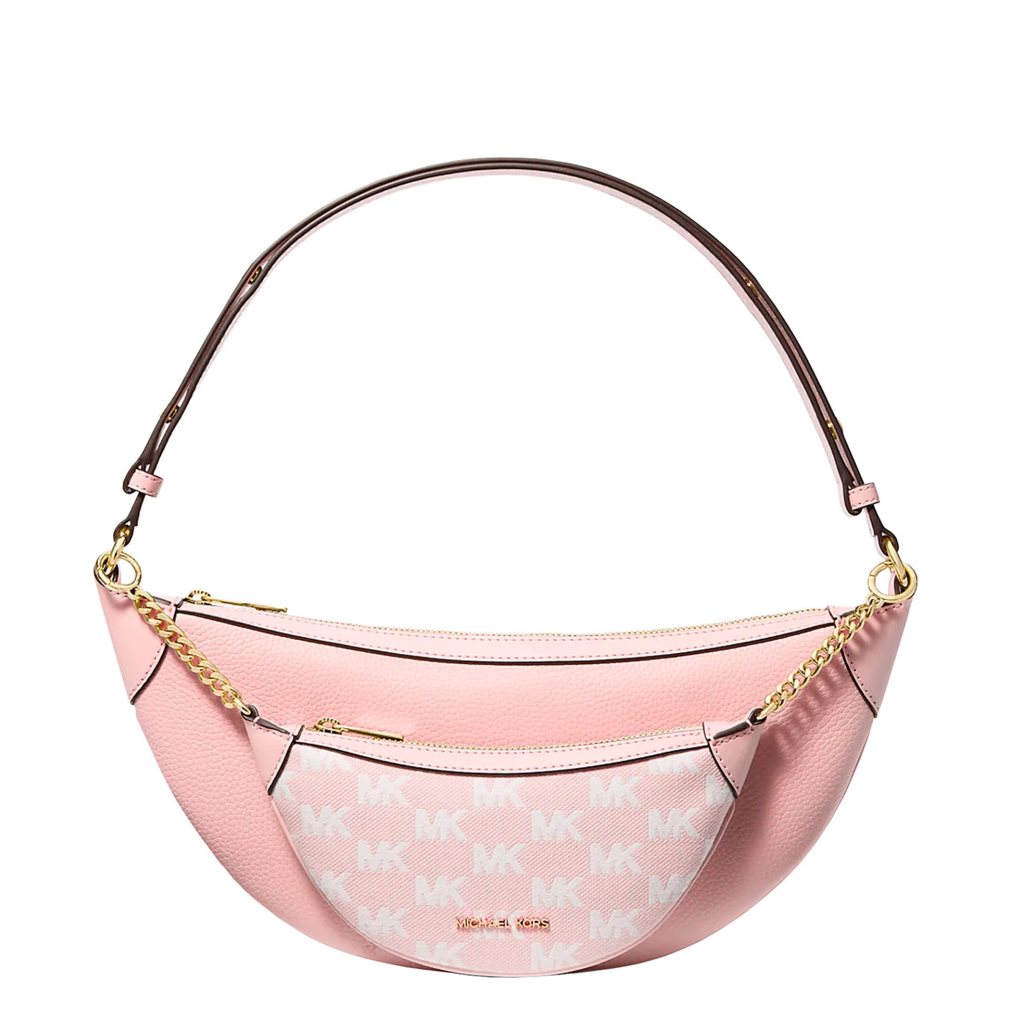 Bolsa Michael Kors Hollis Medium 2-in-1 Grain Leather and Jacquard Logo Shoulder Bag Powder Blush