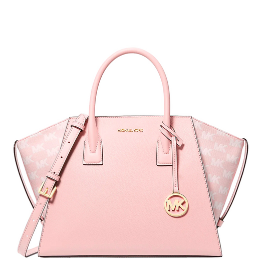 Bolsa Michael Kors Avril Large Leather and Logo Jacquard Satchel Powder Blush