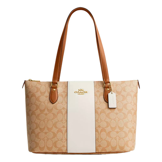 Bolsa Coach Gallery Tote In Signature Canvas With Stripe Light Khaki