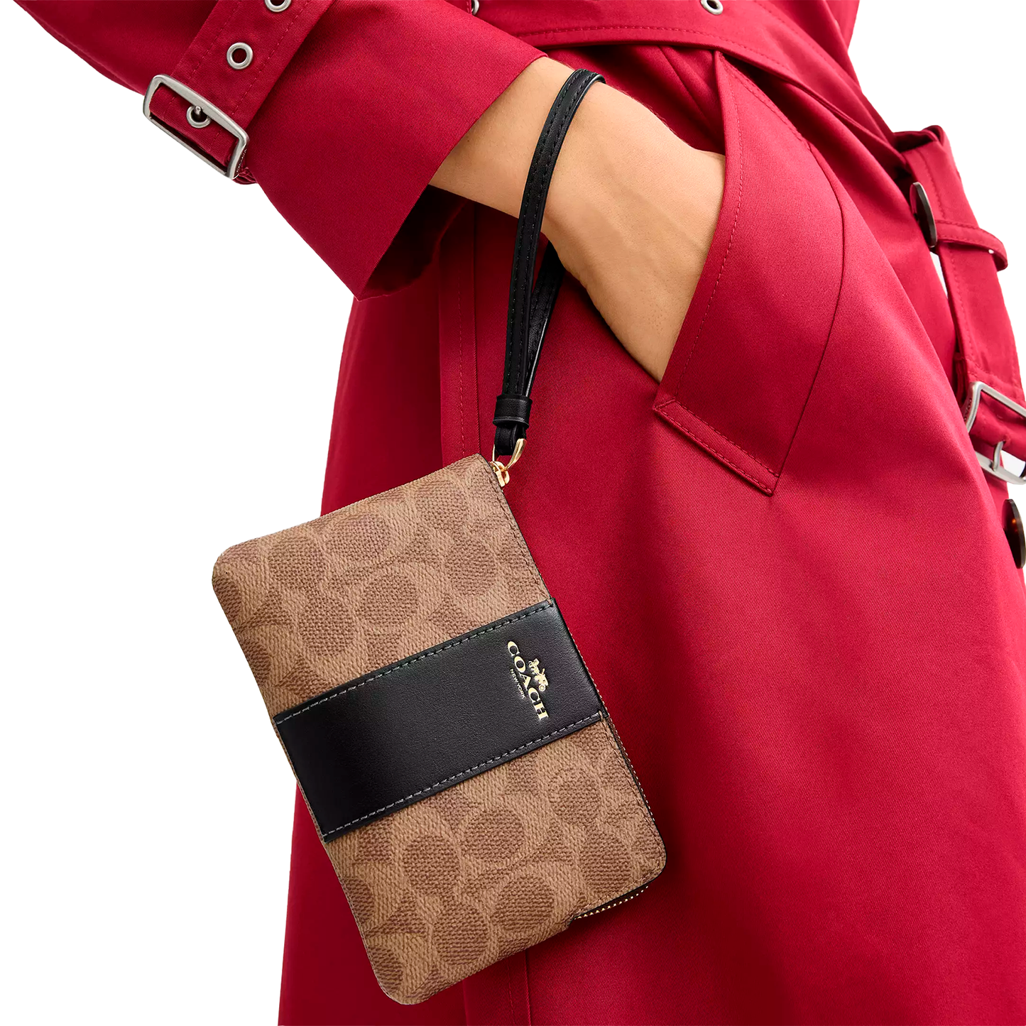 Monedero Coach Corner Zip Wristlet In Signature Canvas Tan Black
