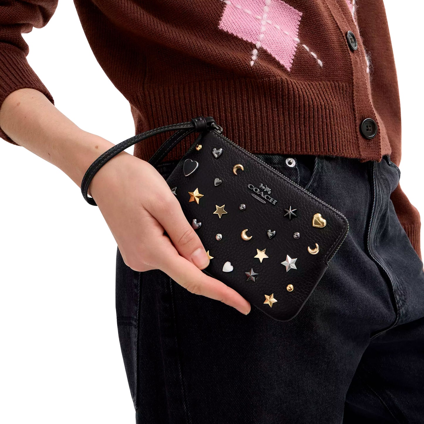 Monedero Coach Corner Zip Wristlet With Rivets Black Multi