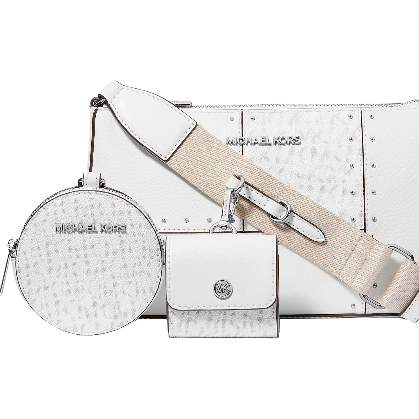 Bolsa Michael Kors Jet Set Travel Small Metallic Patchwork and Signature Logo Crossbody Bag Optic White