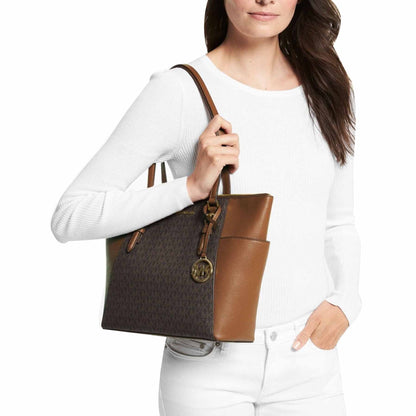 Bolsa Michael Kors Charlotte Large Logo and Leather Top-Zip Tote Bag Brown