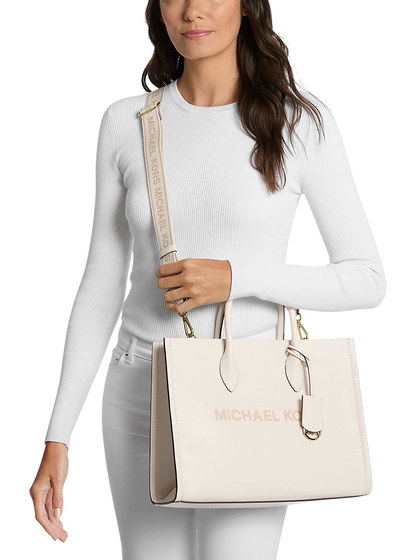 Bolsa Michael Kors Mirella Medium Pebbled Leather Tote Bag Light Cream