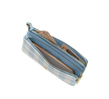 Cartera Coach Double Zip Wristlet With Gingham Print Blue Multi