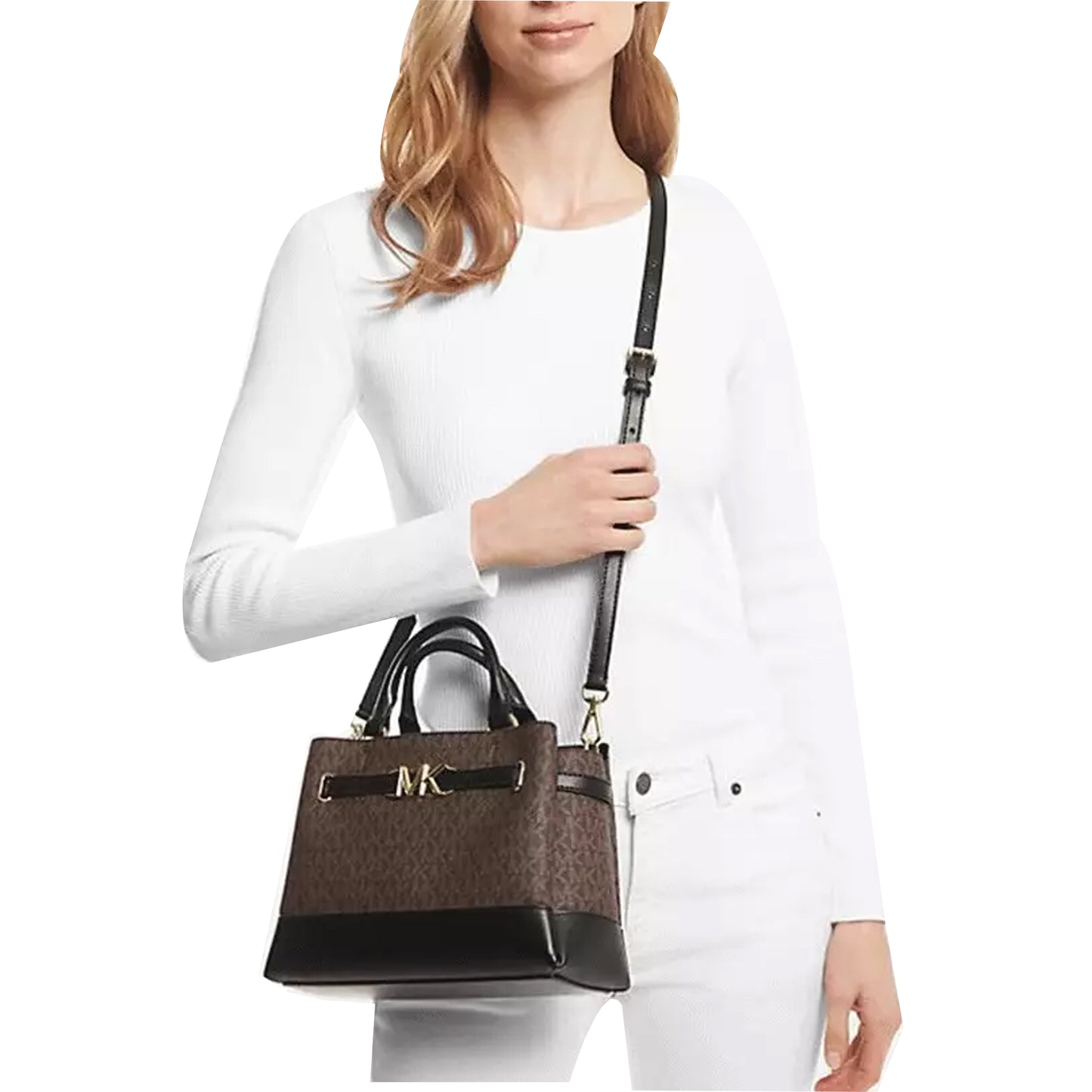 Bolsa Michael Kors Reed Small Belted Logo Satchel Brown Black