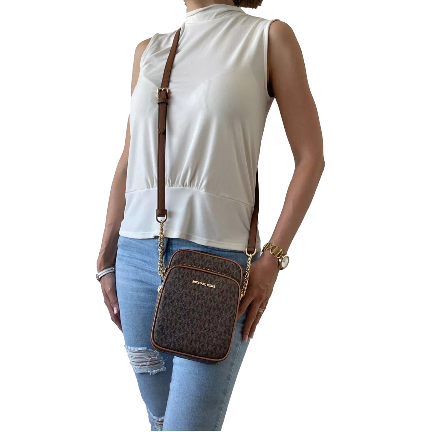 Bolsa Michael Kors Jet Set Travel Medium Logo Crossbody Brown