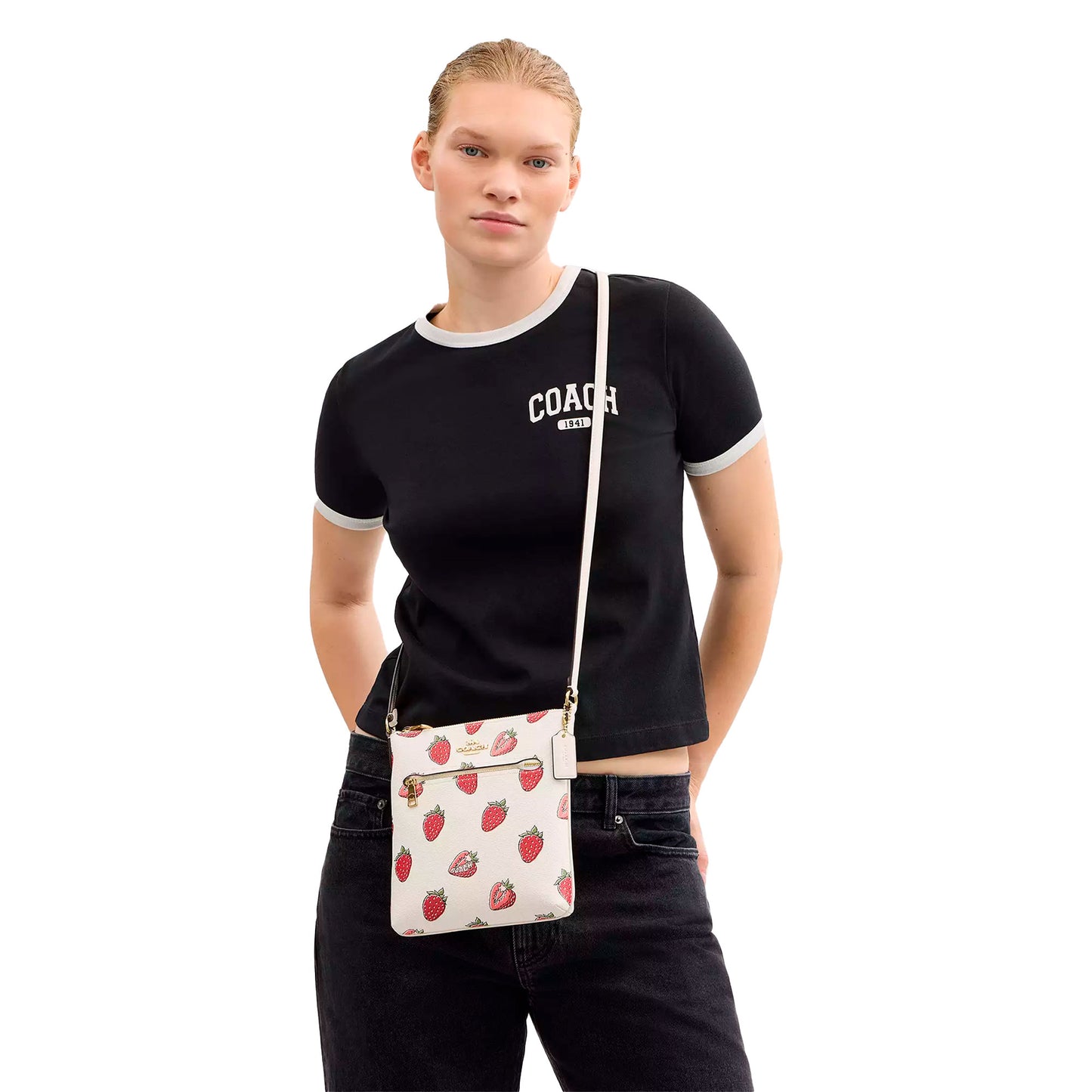 Bolsa Coach Mini Rowan File Bag With Strawberry Print Chalk Multi