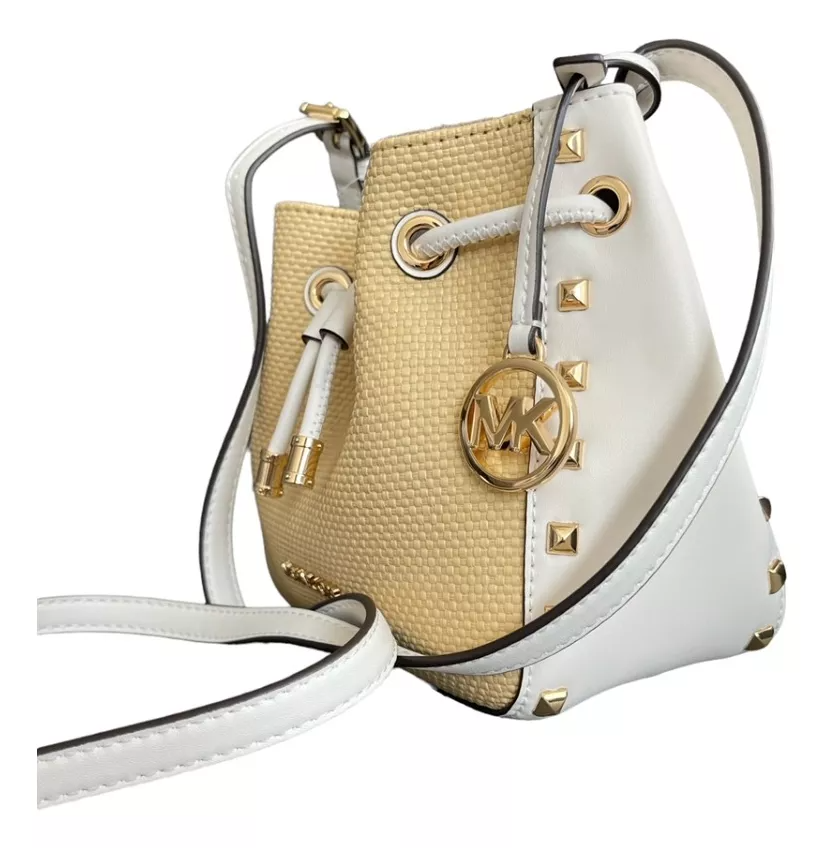 Bolsa Michael Kors Phoebe Small Studded and Straw Bucket Messenger Bag