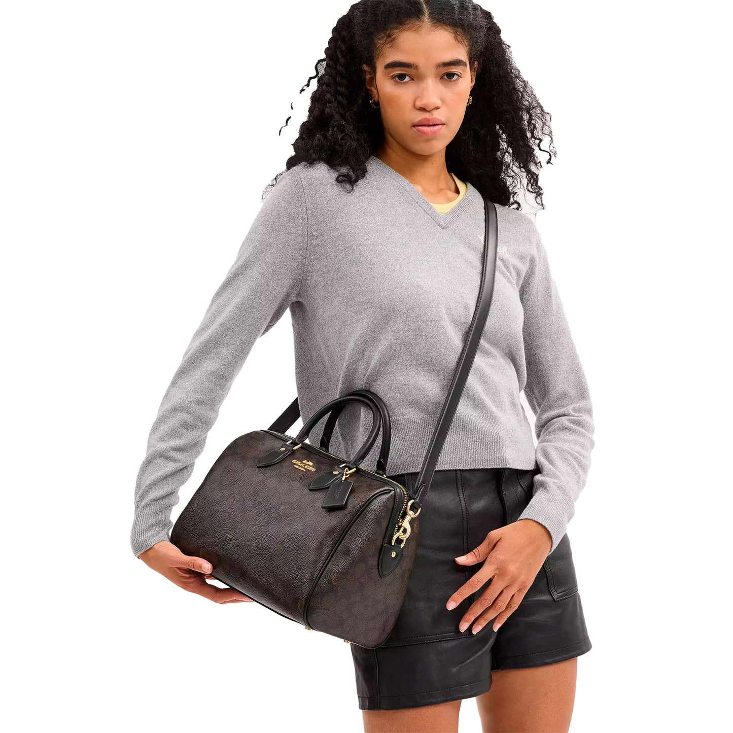 Bolsa Coach Rowan Large Satchel Bag Signature Canvas Walnut Black