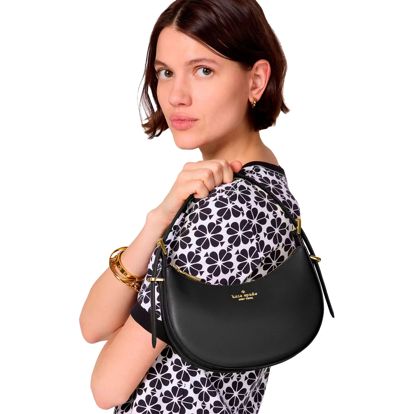 Bolsa Kate Sapde Madison Saffiano Leather Crescent Shoulder Bag Black