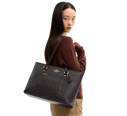 Bolsa Coach Station Tote Bag Signature Canvas Walnut Black