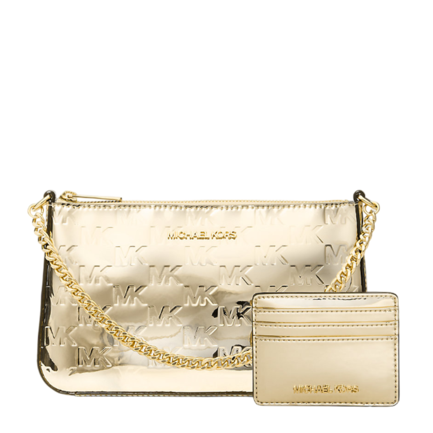 Bolsa Michael Kors Jet Set Medium Metallic Logo Debossed Pochette and Card Case Gift Set Pale Gold