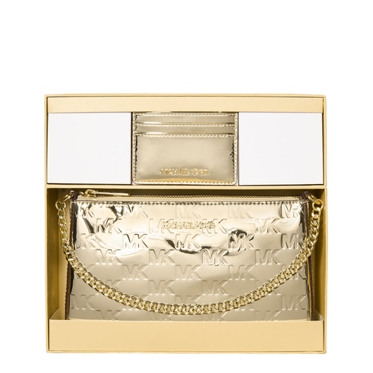Bolsa Michael Kors Jet Set Medium Metallic Logo Debossed Pochette and Card Case Gift Set Pale Gold