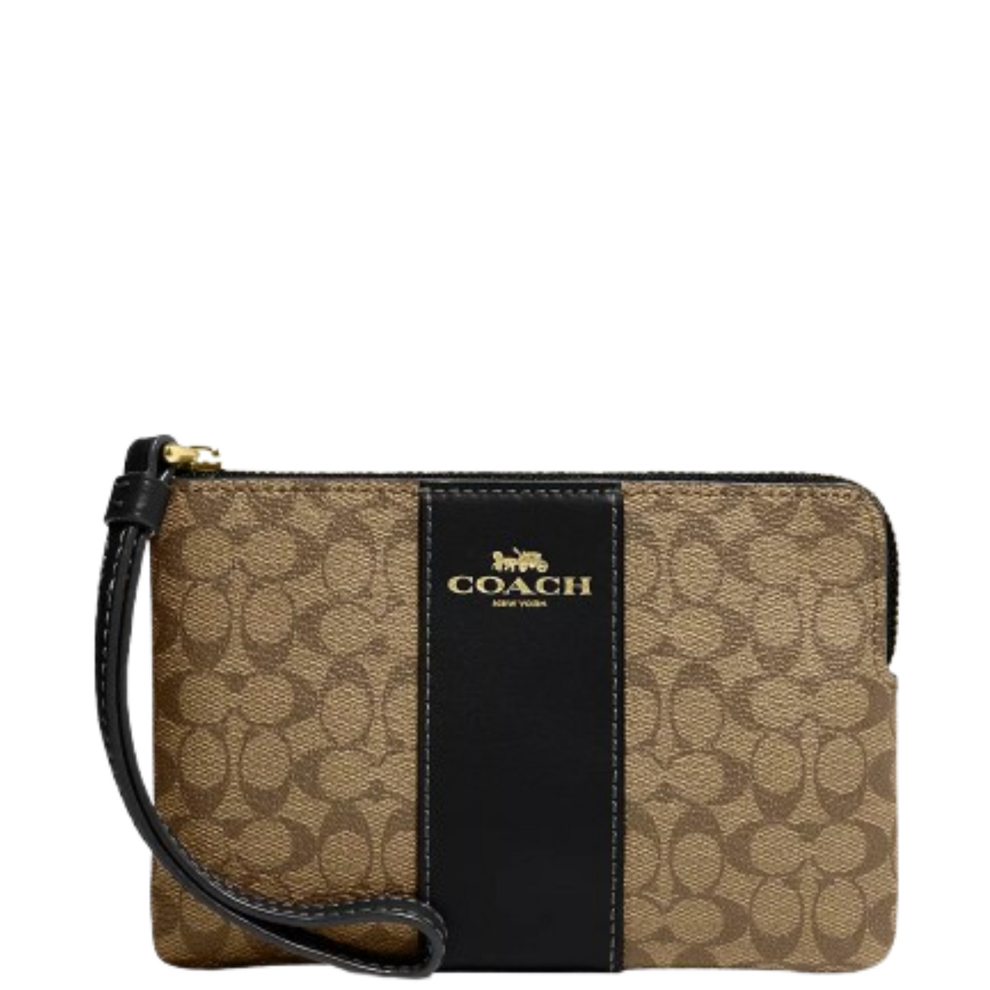 Monedero Coach Corner Zip Wristlet In Signature Canvas Khaki Black