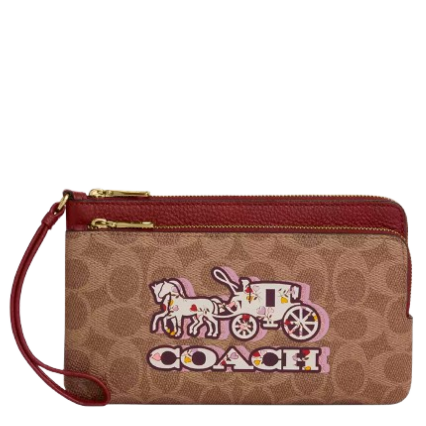 Monedero Coach Double Zip Wallet In Signature Canvas With Horse And Carriage Print Black Cherry