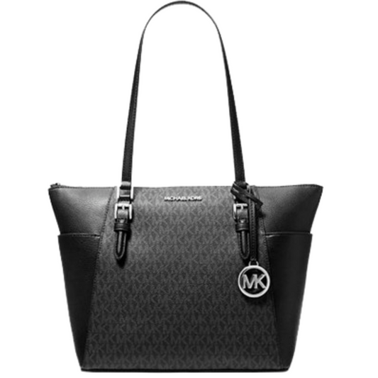 Bolsa Michael Kors Charlotte Large Logo and Leather Top-Zip Tote Bag Black